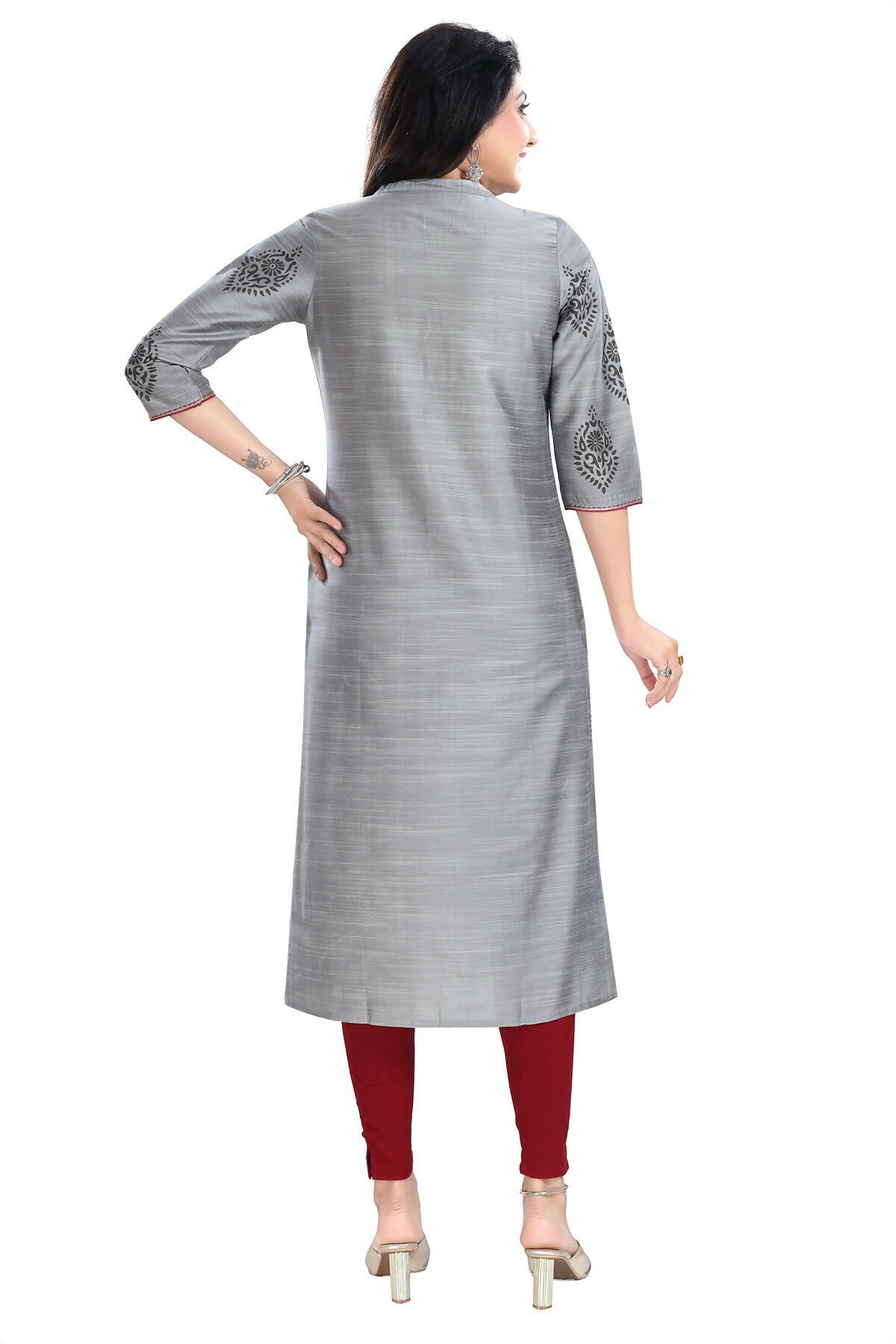 Snehal Creations Grey Raw Silk Block Print Long Kurta For Women - Distacart