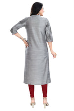 Thumbnail for Snehal Creations Grey Raw Silk Block Print Long Kurta For Women - Distacart