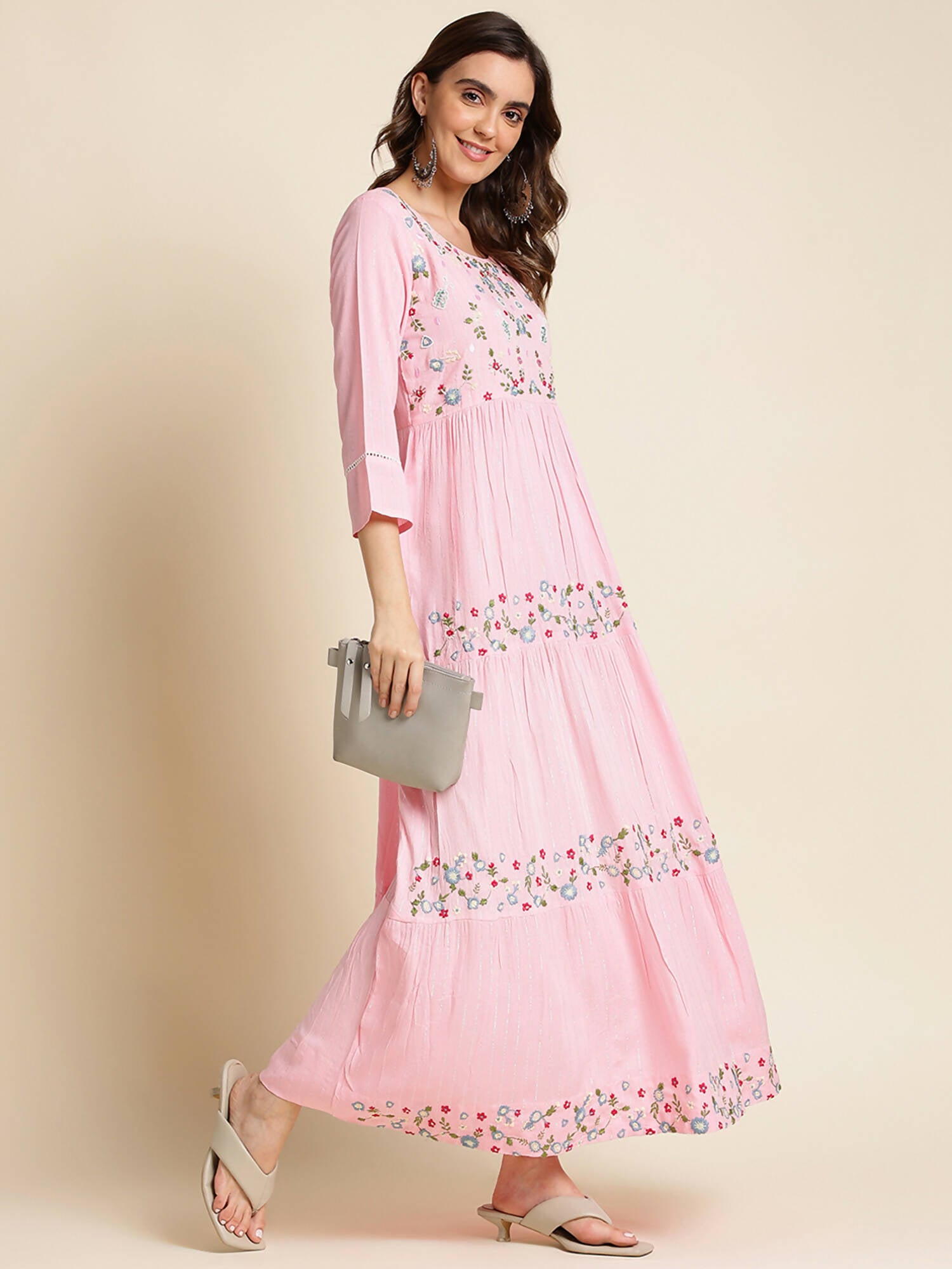 Pink Chinon Floral Embroidered Dress - Nandani - Distacart
