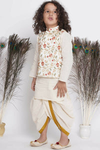 Thumbnail for Little Bansi Banarsi Floral Embroidery Jacket Wth Cotton Kantha kurta And Kantha Dhoti - Cream - Distacart