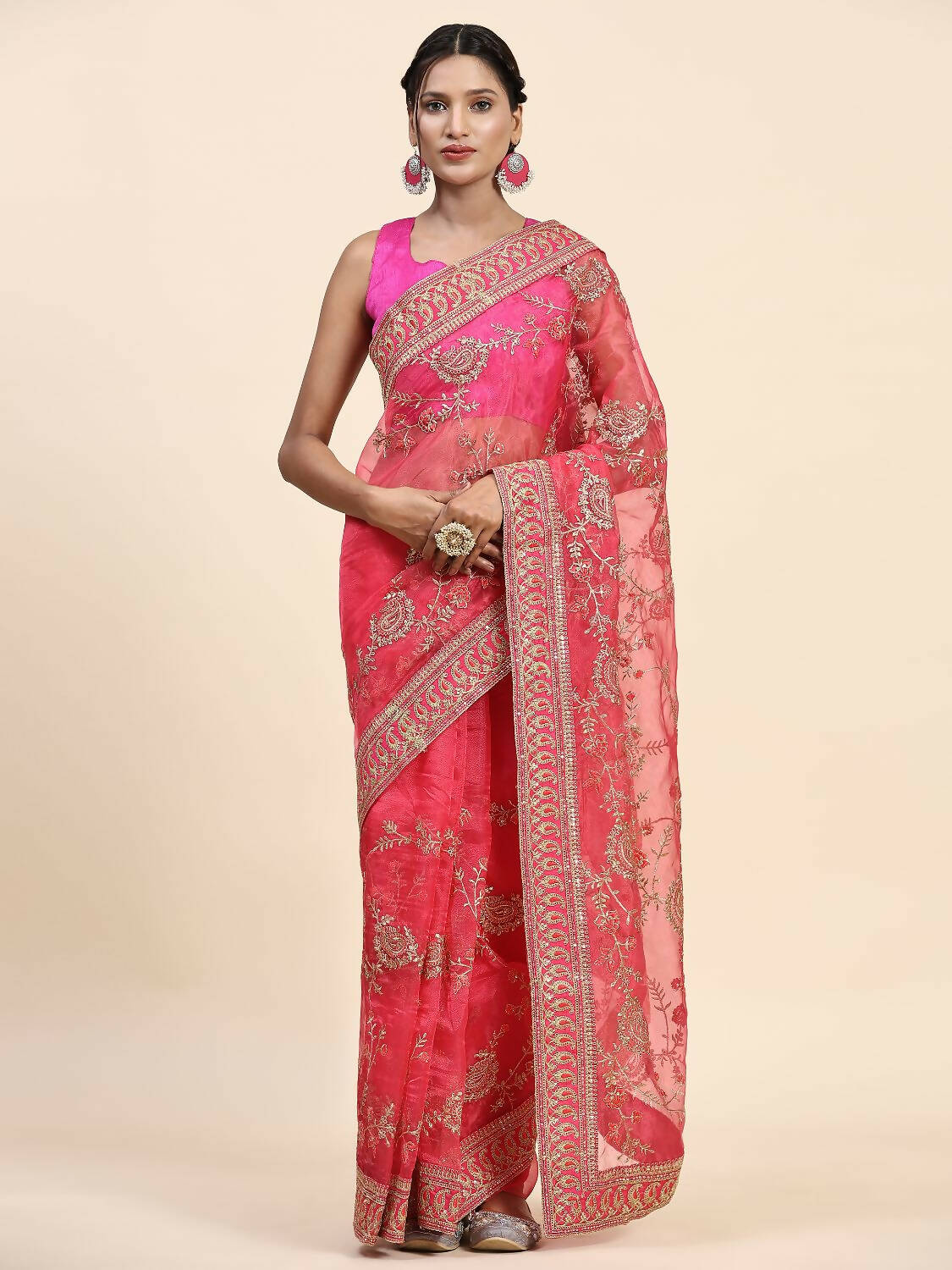 Vamsee Pink Organza Saree - Distacart
