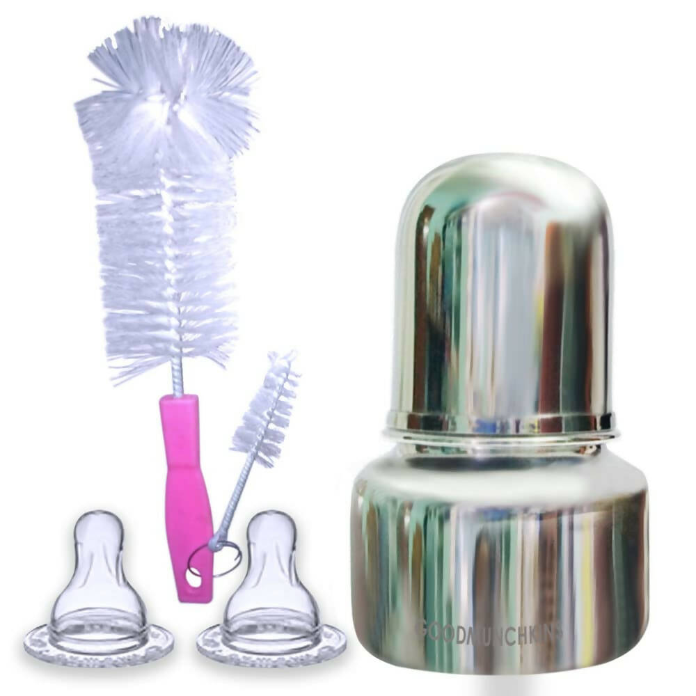 Goodmunchkins Stainless Steel Feeding Bottle with Anti Colic Silicone Nipple/Bottle Cleaning Nylon Brush (75ml, Pink) - Distacart