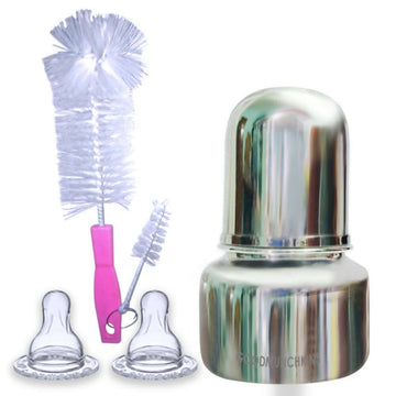 Goodmunchkins Stainless Steel Feeding Bottle with Anti Colic Silicone Nipple/Bottle Cleaning Nylon Brush (75ml, Pink) - Distacart