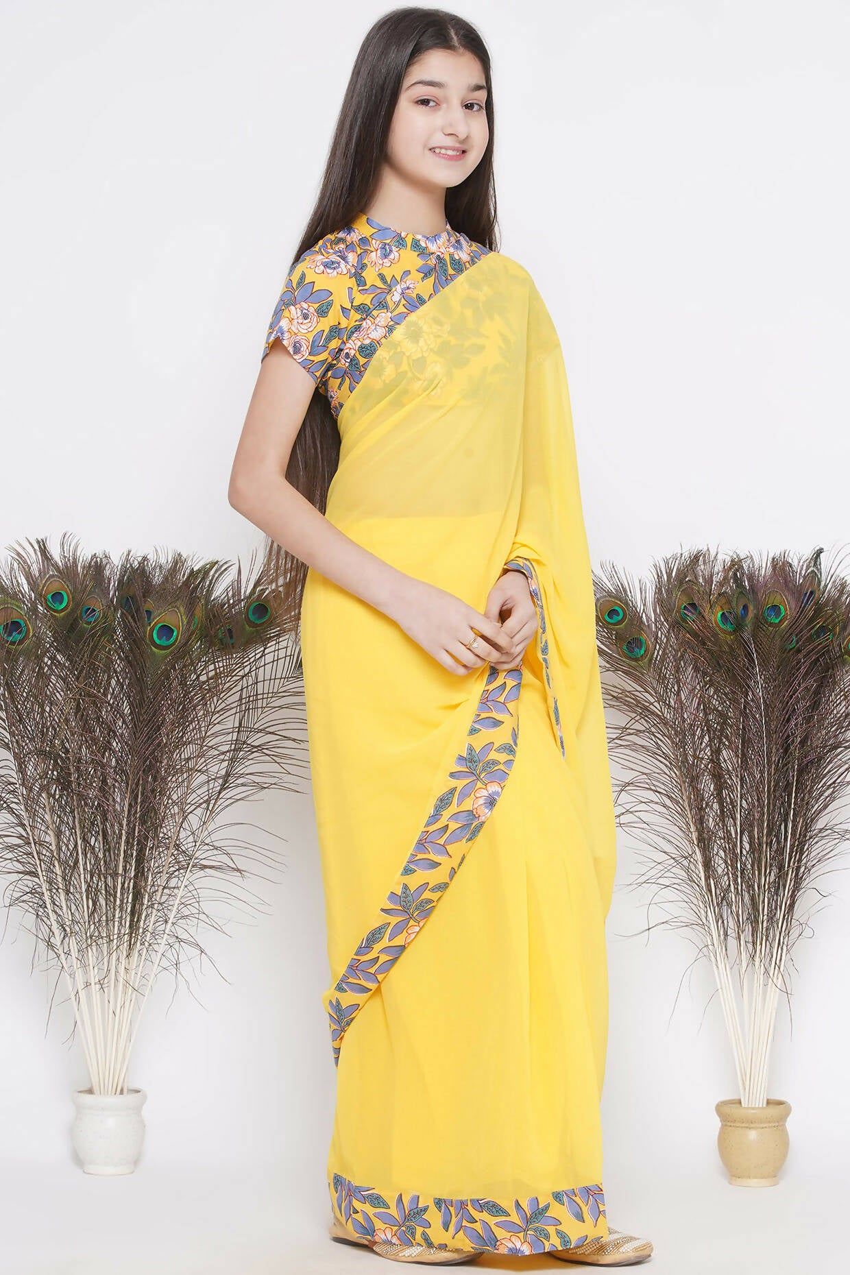 Little Bansi Floral Print Ready To Wear Saree And Floral Blouse - Yellow - Distacart