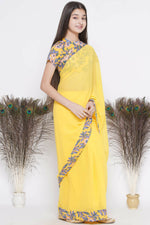 Thumbnail for Little Bansi Floral Print Ready To Wear Saree And Floral Blouse - Yellow - Distacart