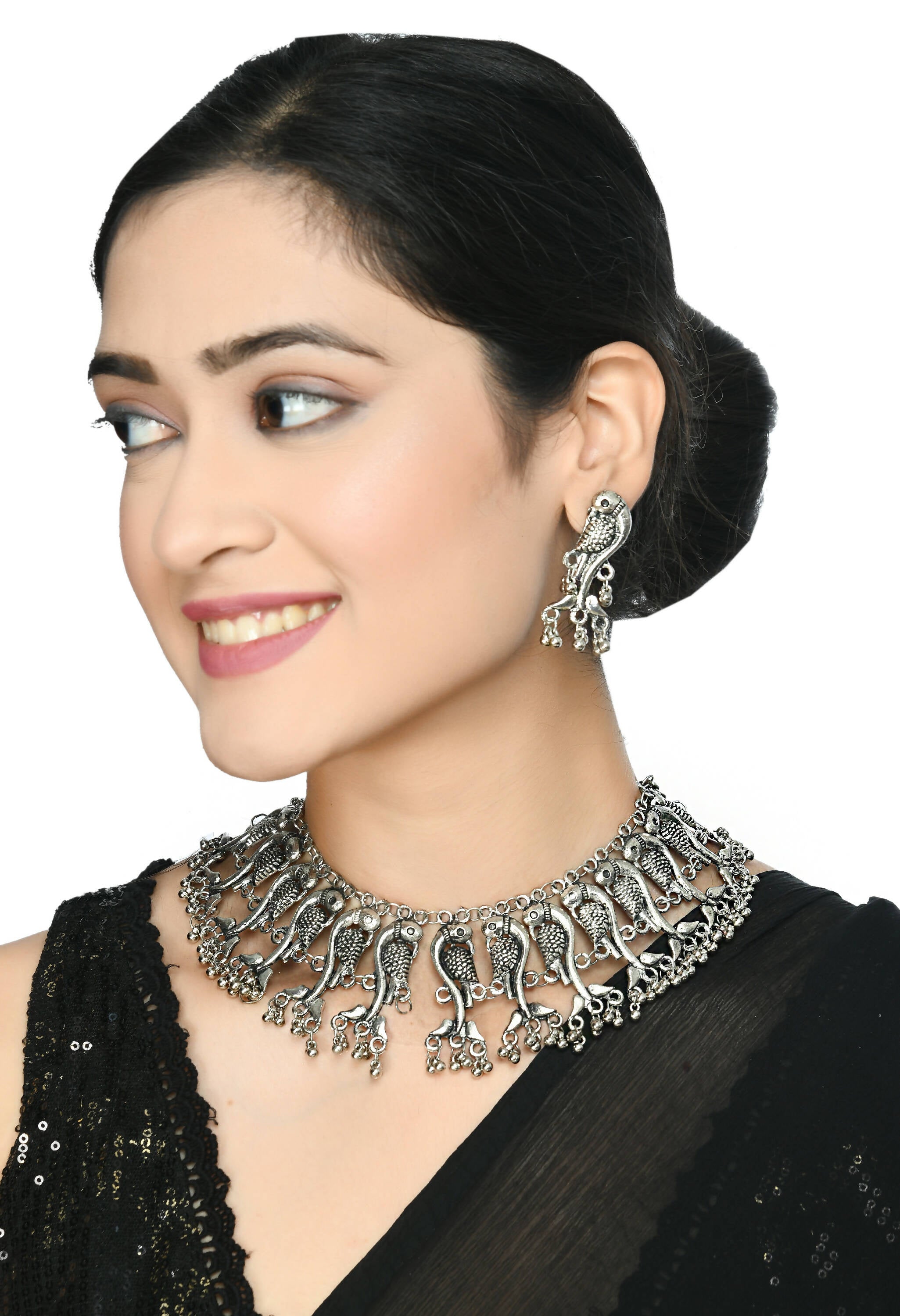 Mominos Fashion Johar Kamal Oxidised Silver-Plated Brass Finish Peacock Choker For Women (Silver) - Distacart