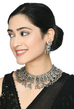 Thumbnail for Mominos Fashion Johar Kamal Oxidised Silver-Plated Brass Finish Peacock Choker For Women (Silver) - Distacart