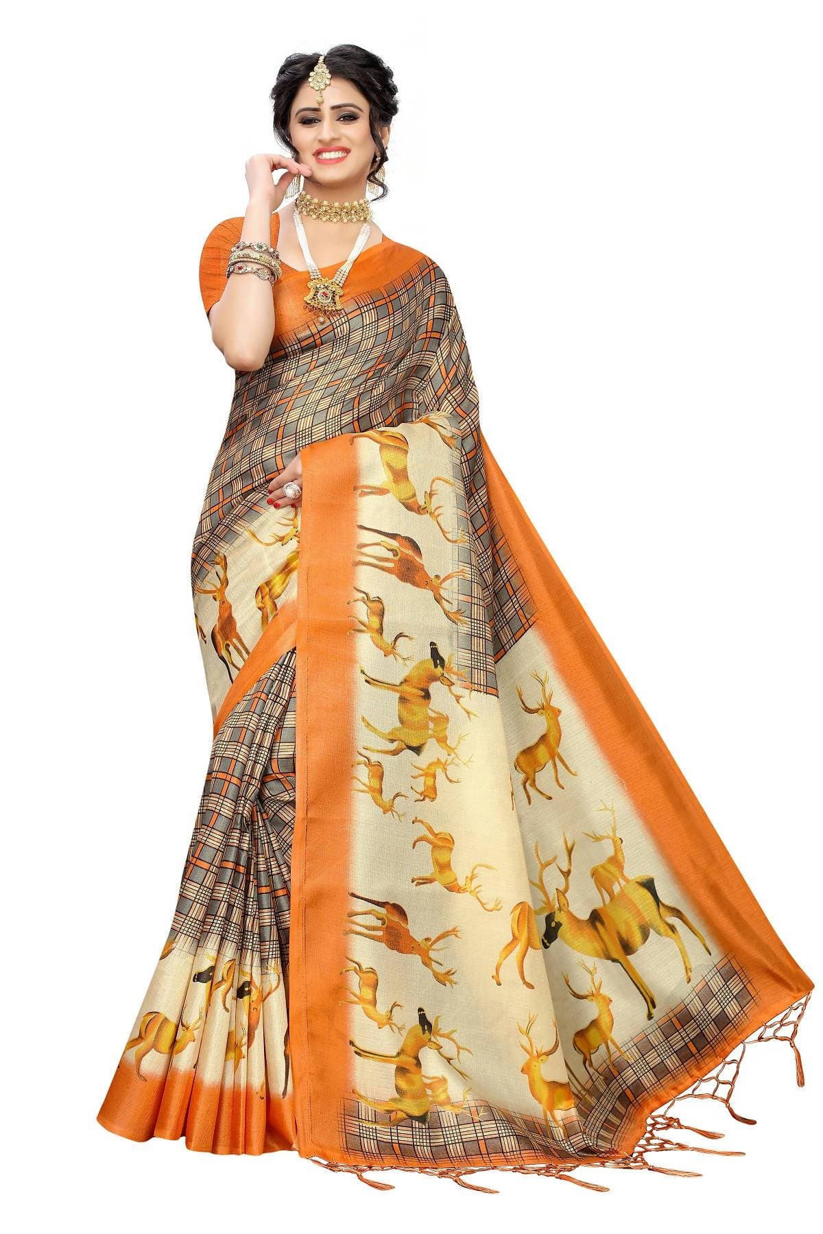 Vamika Multicolor Orange Kalamkari With Jhalar Khadi Silk Saree