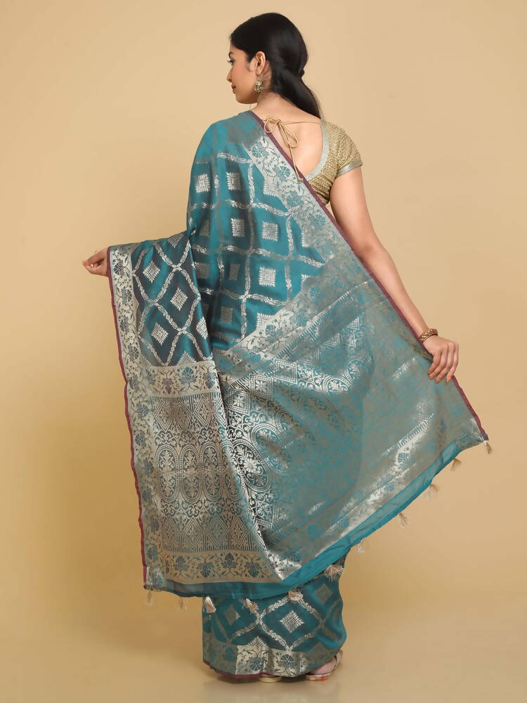 Kalamandir Checked Dark Blue Silk Blend Saree