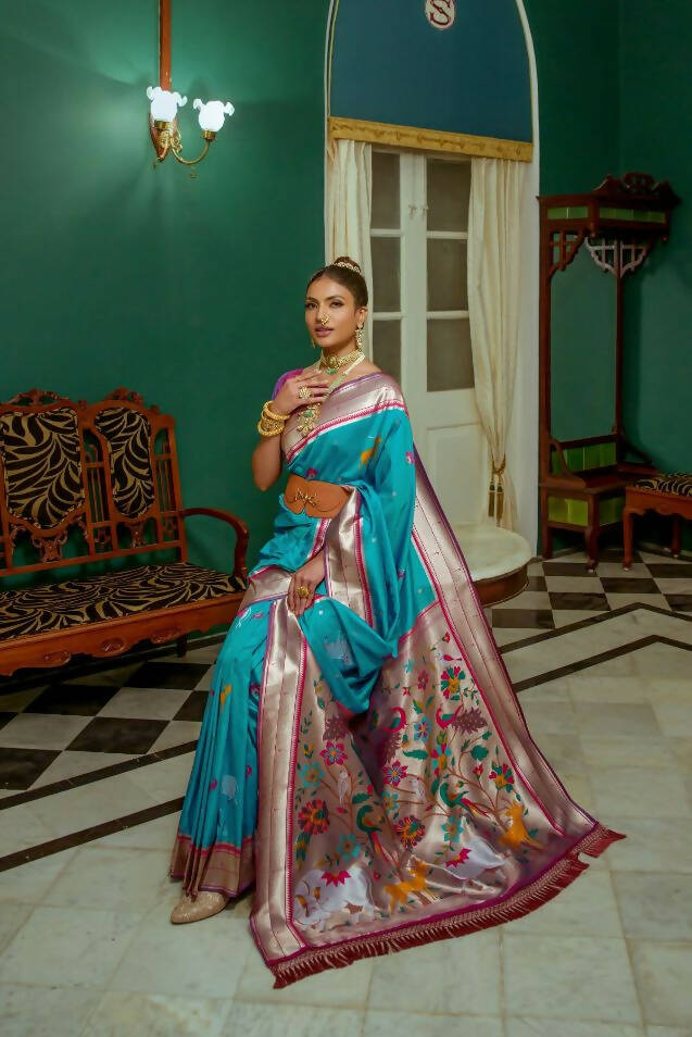 Vishnu Weaves Women's Teal Paithani Silk Zari Woven Saree with Unstitched Blouse - Distacart