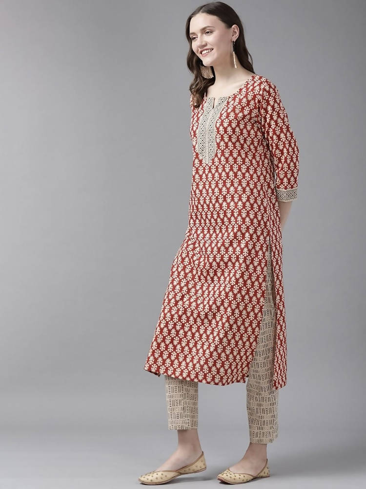 Yufta Women Rust Red and Beige Print Pure Cotton Kurta with Trouser and Dupatta