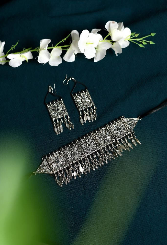Tehzeeb Creations Oxidised Necklace And Earrings With Mirror Design