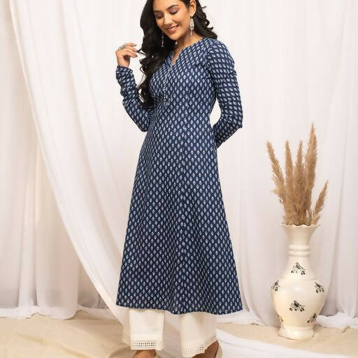 FIORRA Women's Floral Printed Navy Blue Cotton A-Line Kurta - Distacart