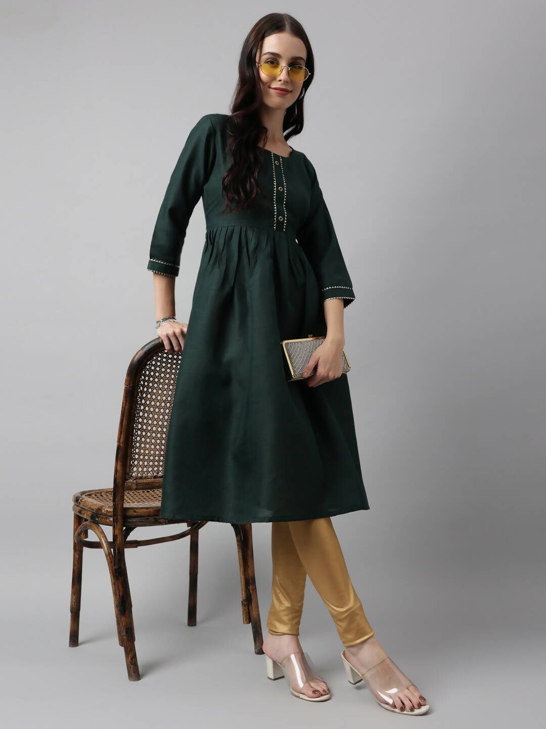 Green Poly Cotton Solid Nayra Cut Kurta - Tirtha - Distacart