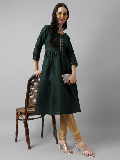 Green Poly Cotton Solid Nayra Cut Kurta - Tirtha - Distacart