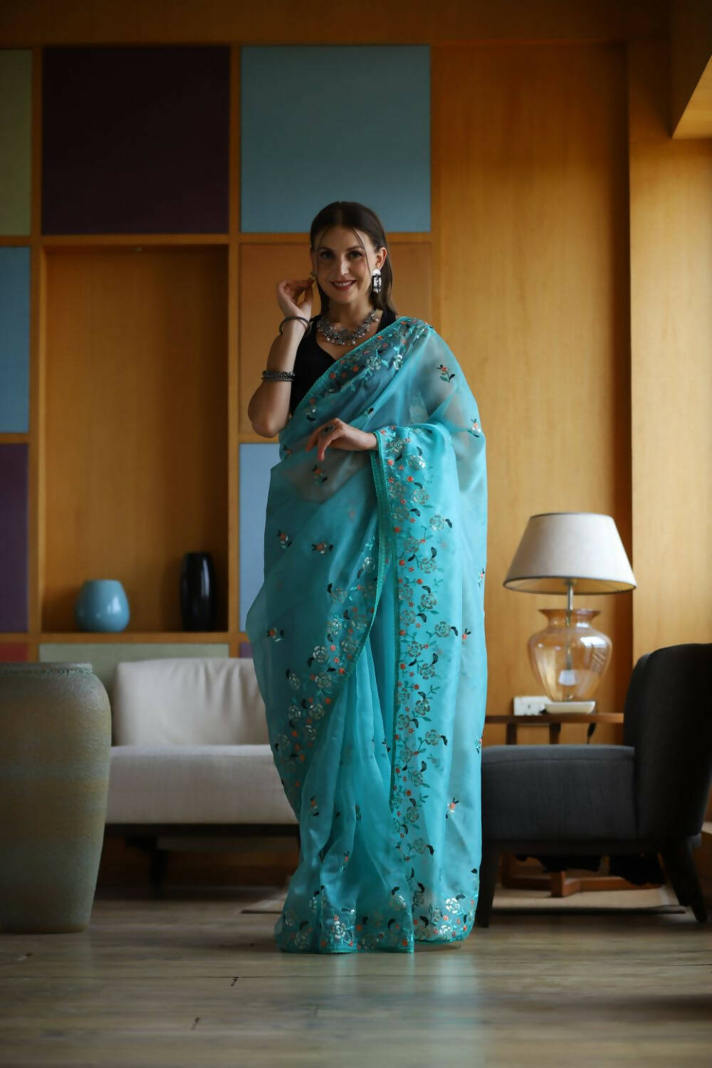 Vamsee Sky Organza Saree - Distacart