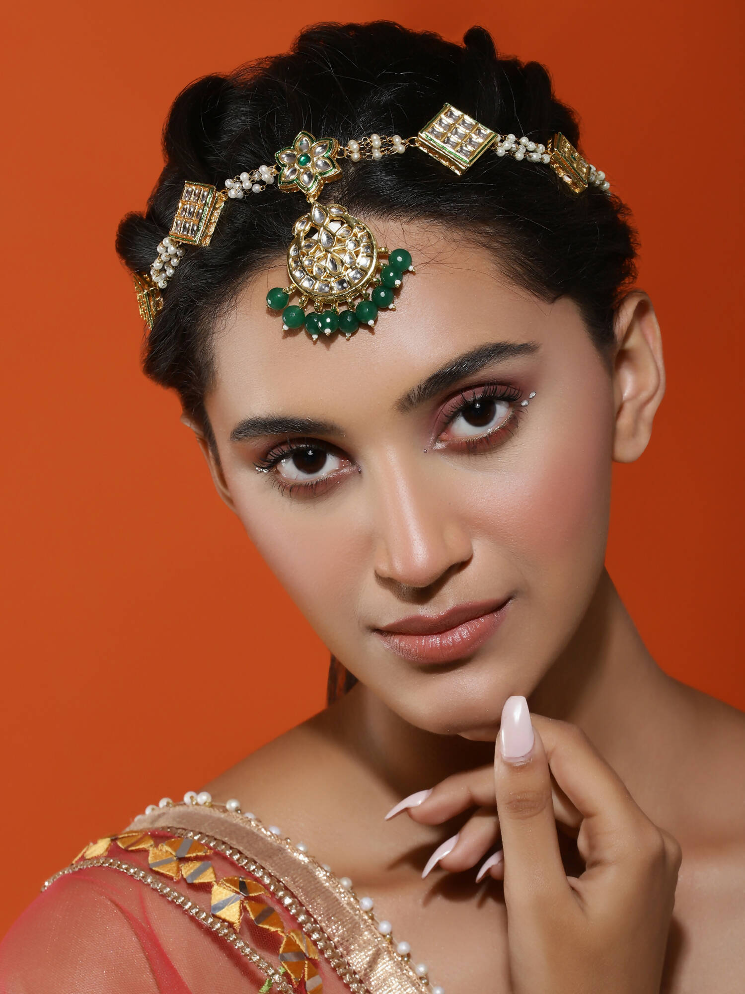 Gold-Plated White Green Kundan-Studded Pearl Beaded Matha Patti - Ruby Raang - Distacart