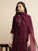 Thumbnail for Purple Chinon Silk Embroidered Straight Kurta with Trouser & Dupatta - Salimar - Distacart
