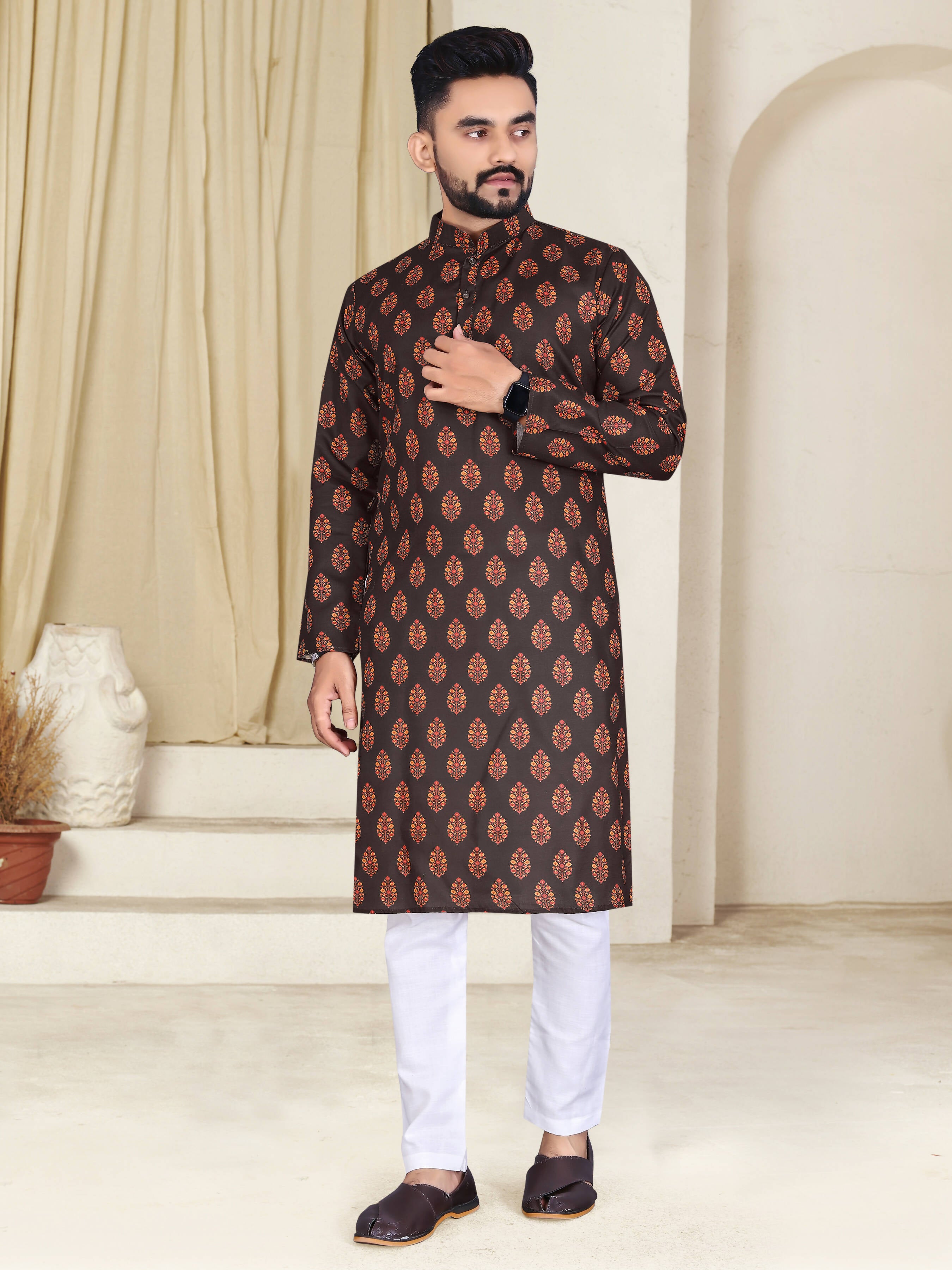 Mens Brown Cotton Printed Kurta - Mahotsav - Distacart