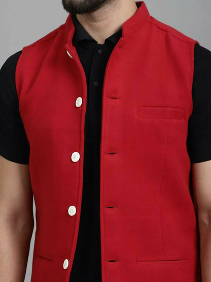 Even Apparels Nehru Jacket With Welt Pockets - Red - Distacart