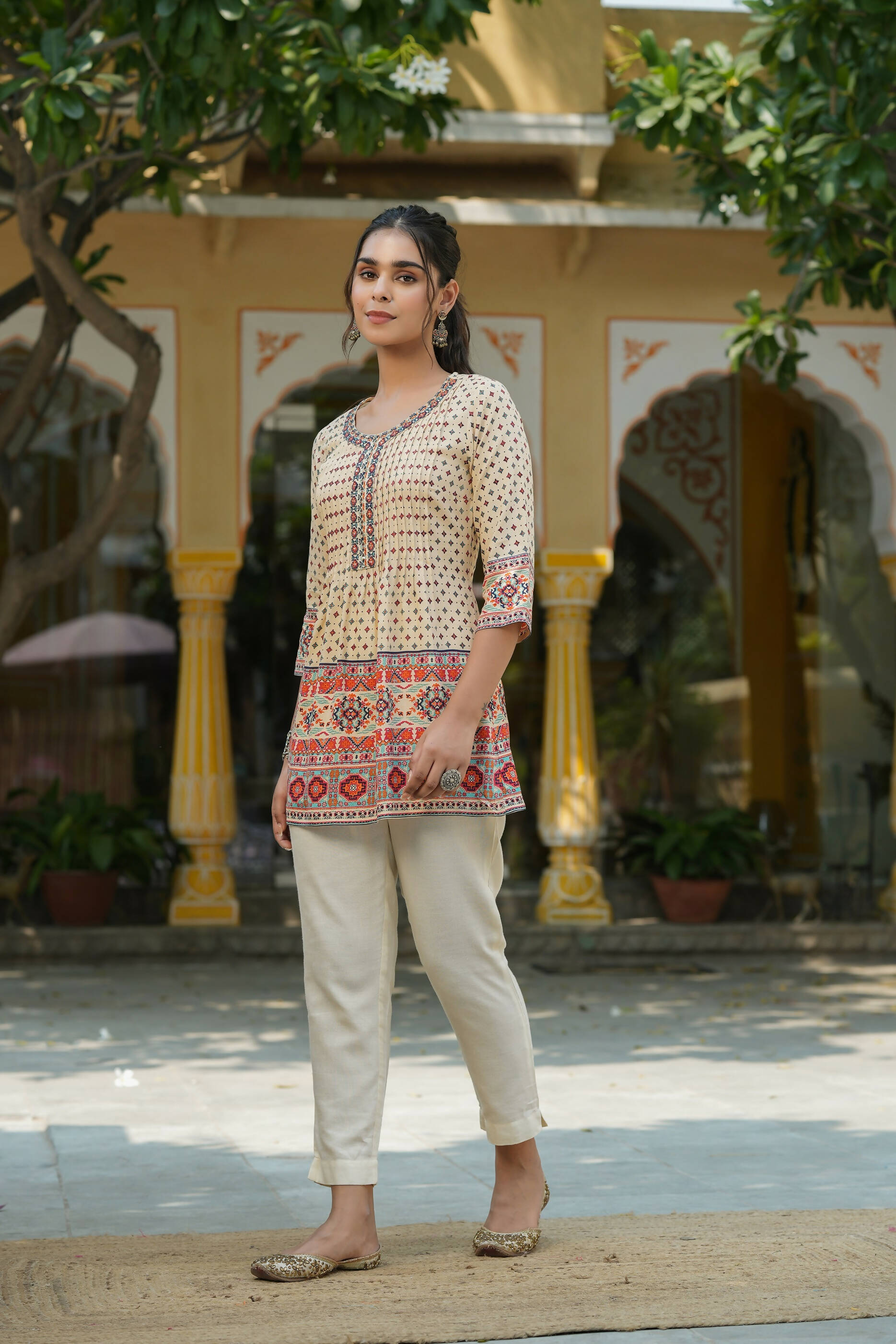 Juniper Women's Beige Rayon Printed Embroidered Tunic - Distacart