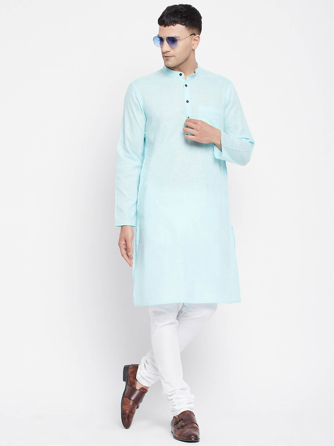 Even Apparels Pure Cotton Blue Color Men's Kurta With Band Collar - Distacart