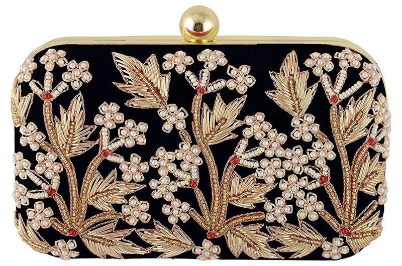 Jaishri Handicrafts Pearl Floral Clutch Carbon Black