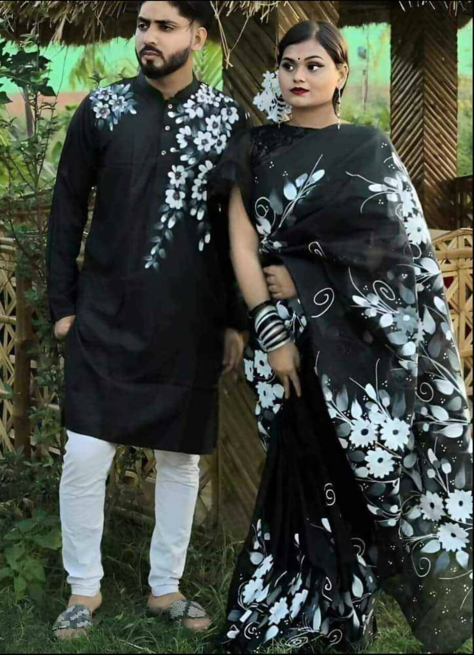 Exclusive Collection Elegant Hand Printing Designe On Pure Cotton Saree And Men's Kurta - Black - Distacart