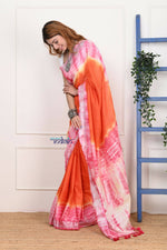 Thumbnail for Very Much Indian Handmade Tie And Dye Cotton Saree By Women Weavers - Orange Pink - Distacart