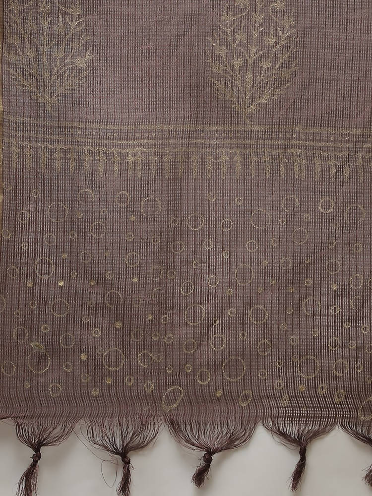 Yufta Women Brown Printed Panelled Beads and Stones Pure Cotton Kurta with Trouser & With Dupatta