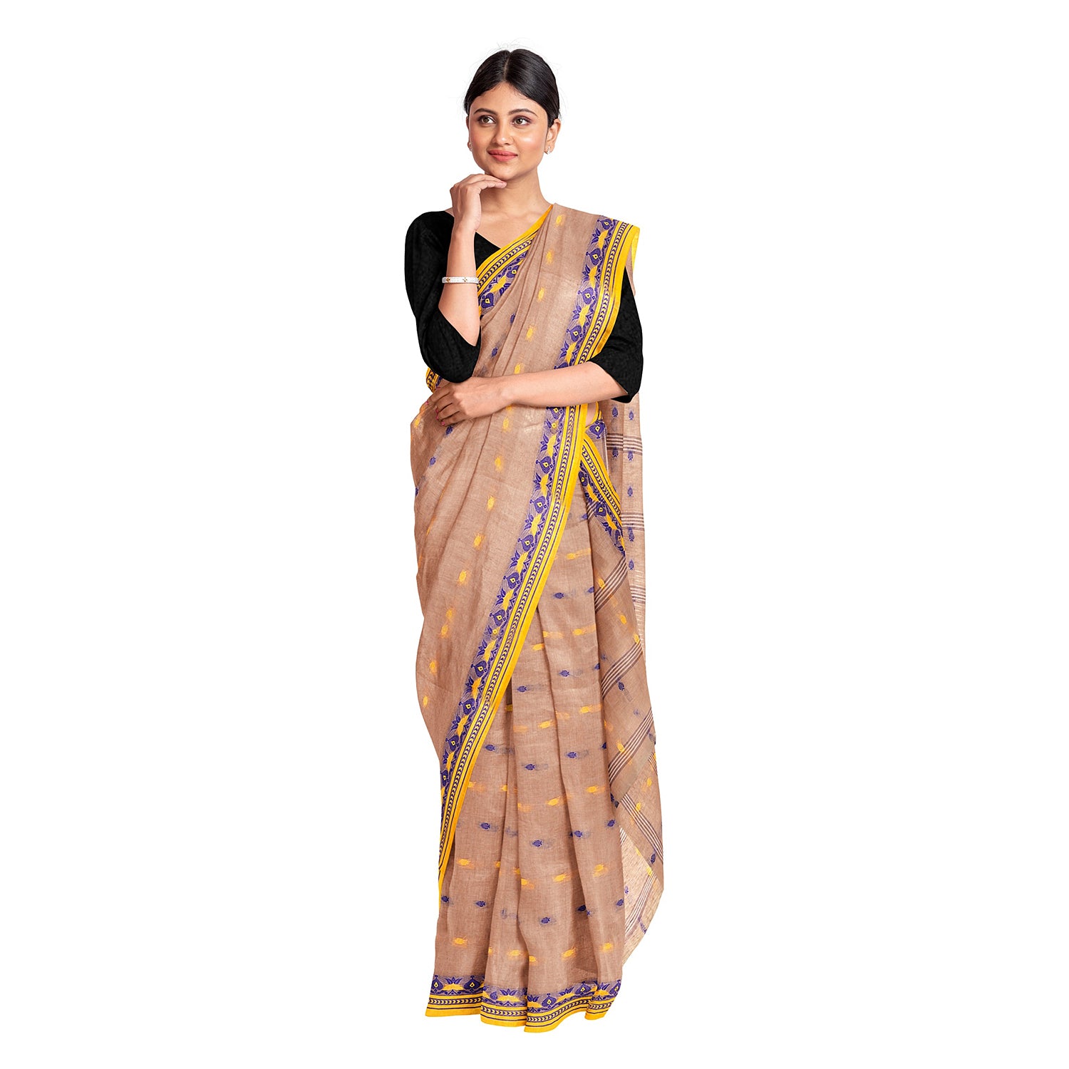 Exclusive Collection 100% Pure Cotton Light Biege Tant Saree With Hand Weaving Work - Distacart