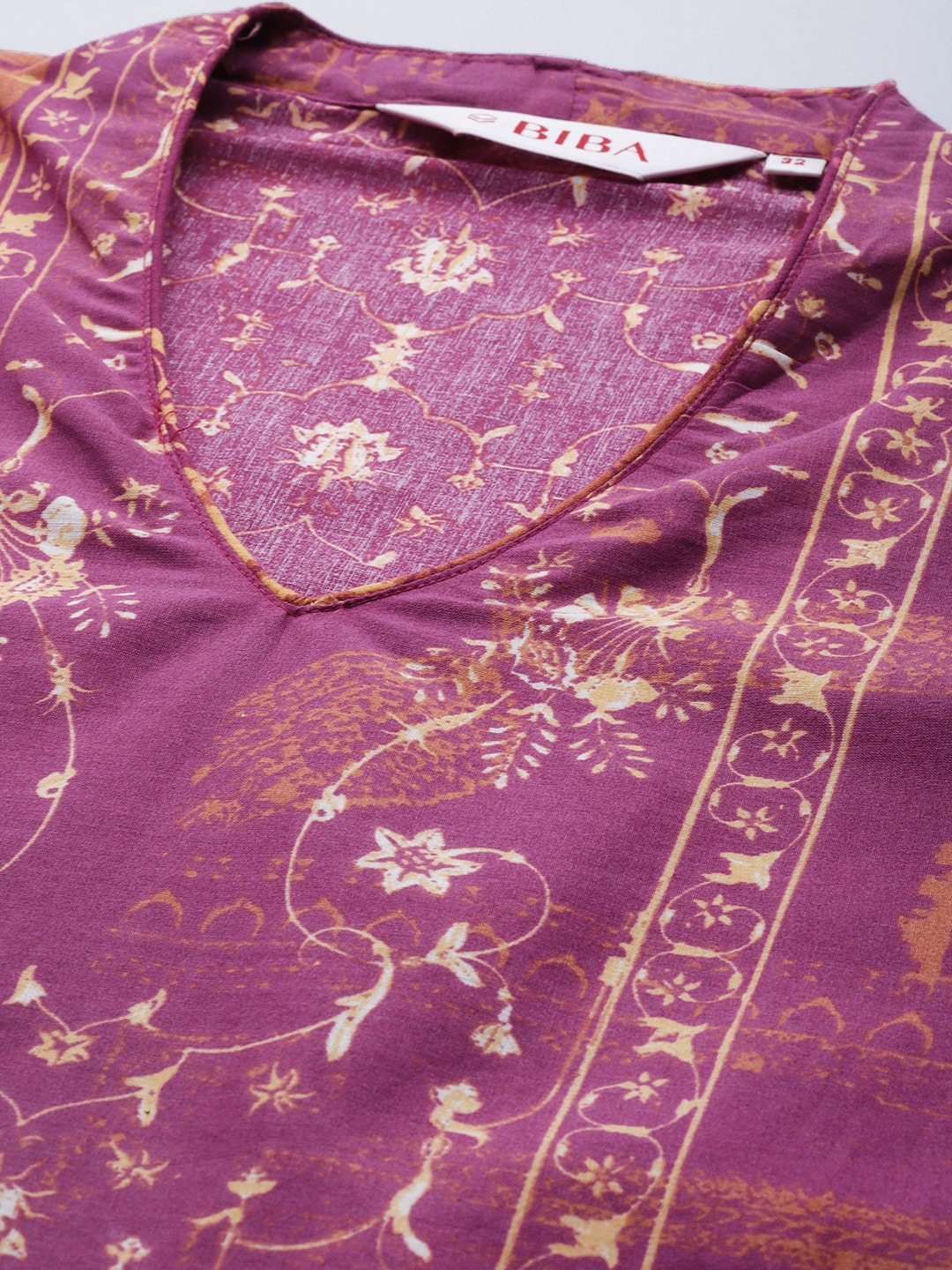 Biba Women Purple & Brown Pure Cotton Ethnic Motifs Printed V-Neck Sleeveless Kurta - Distacart