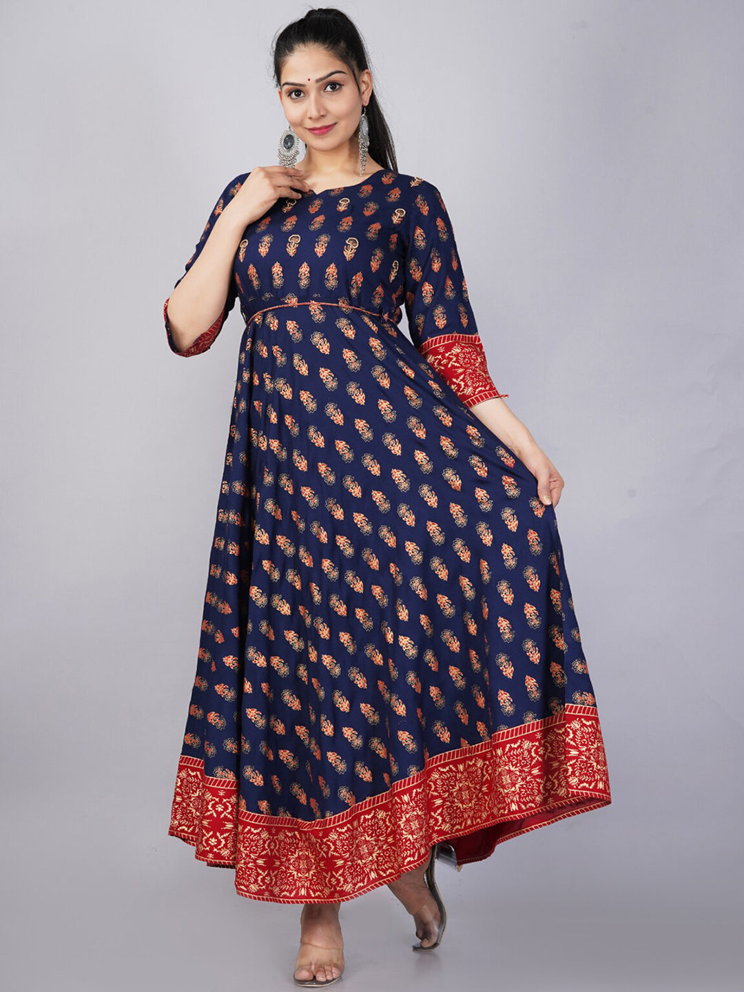 Kalini Women Navy Blue & Red Ethnic Motifs Printed Anarkali Kurta - Distacart