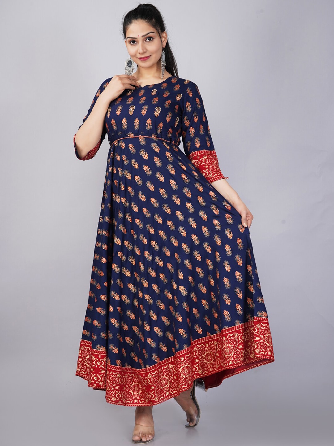 Kalini Women Navy Blue & Red Ethnic Motifs Printed Anarkali Kurta - Distacart
