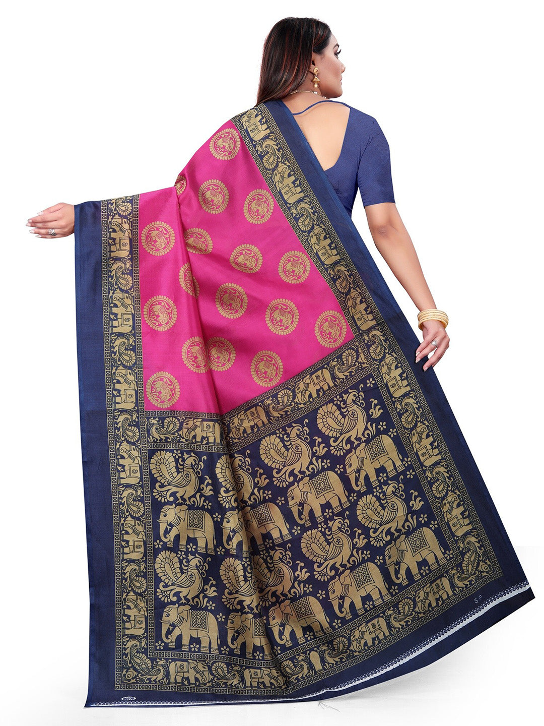 Kalini Pink & Navy Blue Ethnic Motifs Art Silk Half and Half Mysore Silk Saree - Distacart