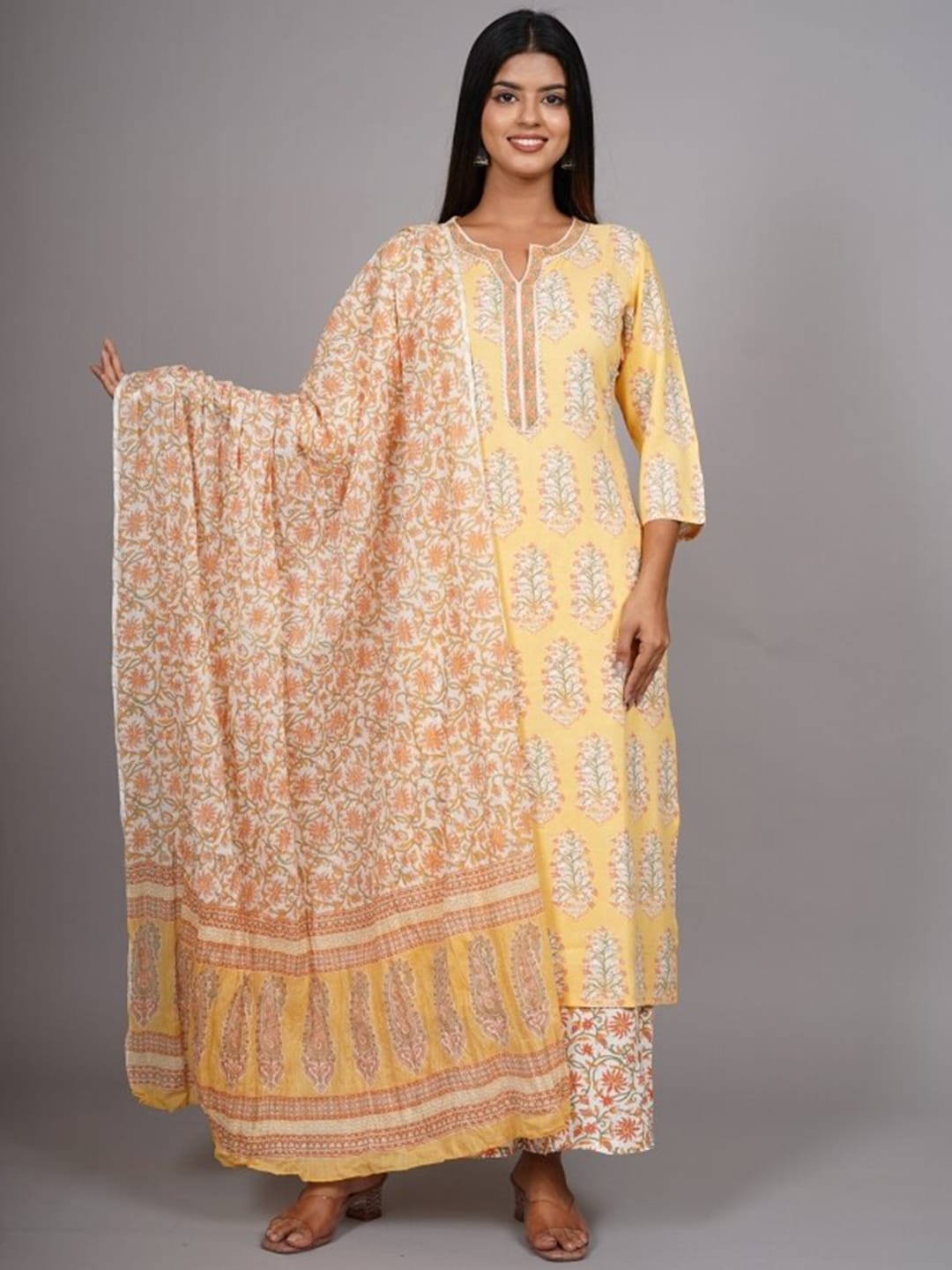 HERE&NOW Women Yellow Floral Printed Thread Work Kurta with Palazzos & With Dupatta - Distacart