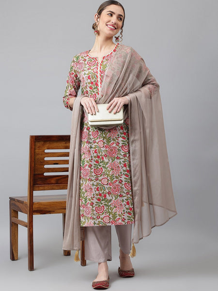 Khushal K Women Grey Floral Printed Kurta with Trousers & With Dupatta - Distacart