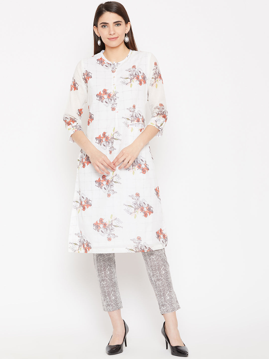 Biba Women Off-White & Red Printed Kurta with Trousers - Distacart