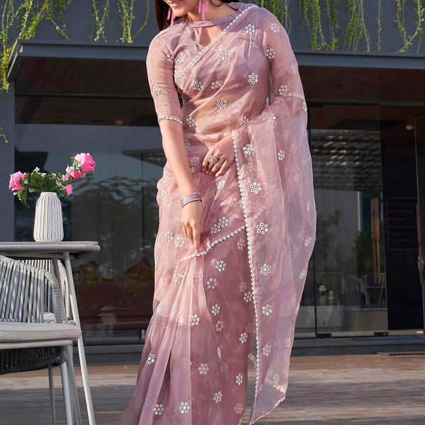 Tikhi Imli Pink Floral Embroidered Mirror Work Organza Saree - Distacart