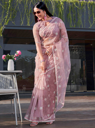 Tikhi Imli Pink Floral Embroidered Mirror Work Organza Saree - Distacart
