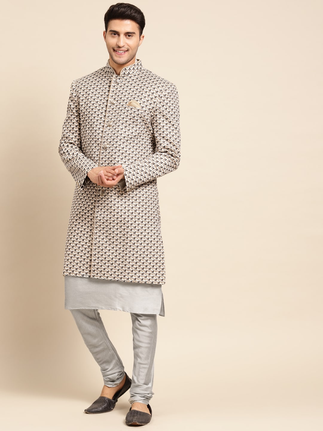 KISAH Men Cream & Silver-Coloured Printed Sherwani Set - Distacart