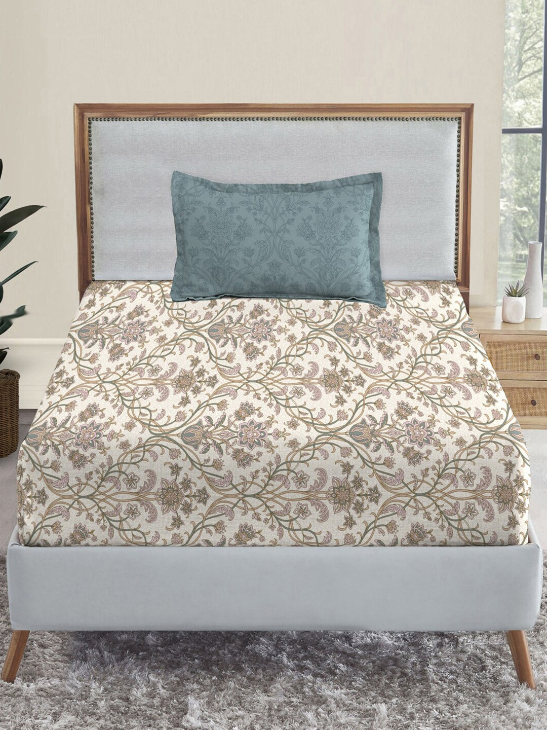 MYTRIDENT Dusk and Dawn Beige Ethnic Motifs Cotton 144 TC Single Bedsheet 1 Pillow Cover - Distacart