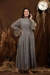 Thumbnail for Women's Grey Chiffon Leheriya Dress - Isya - Distacart