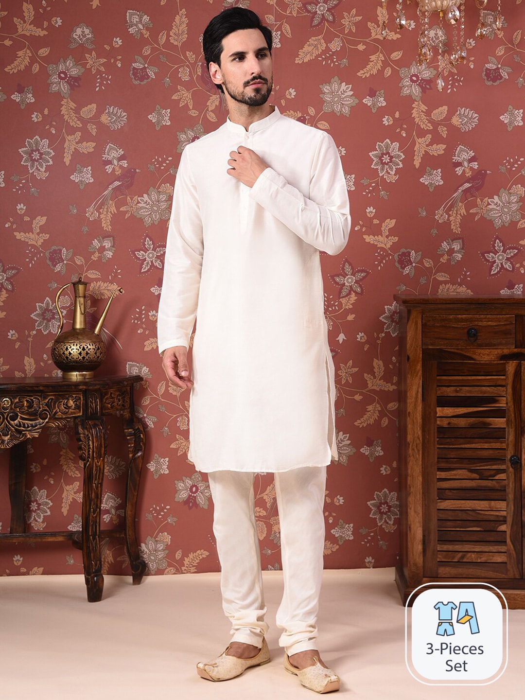 House of Pataudi Straight Kurta With Churidar & Embroidered Nehru Jacket - Distacart