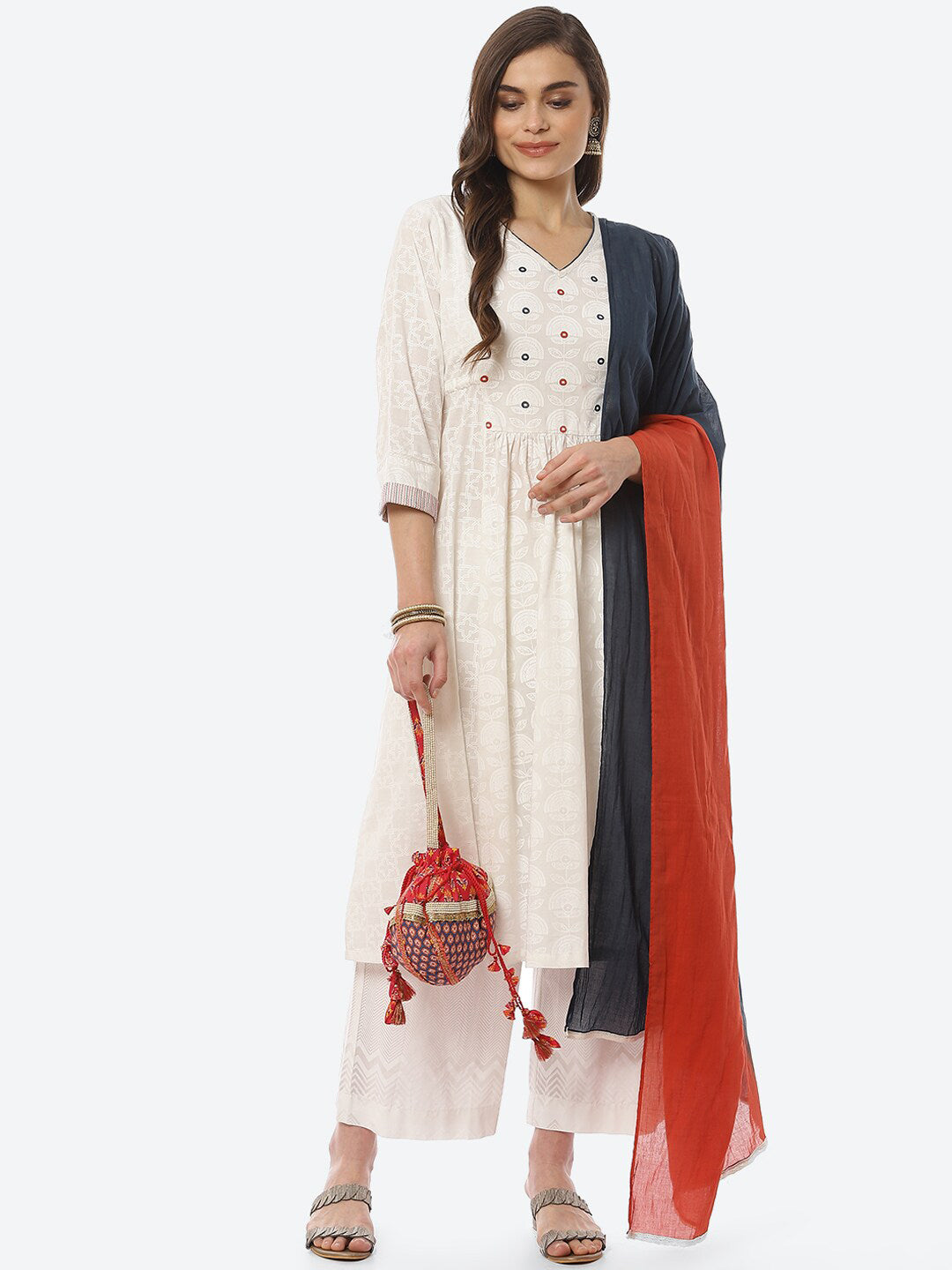 Biba Women White Printed Mirror Work Pure Cotton Kurta with Trousers & Dupatta - Distacart