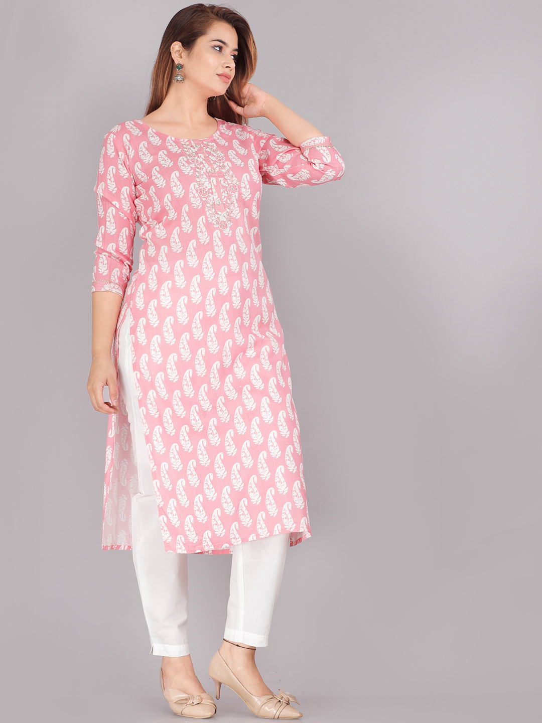 Kalini Women Pink & White Ethnic Motifs Printed Thread Work Floral Kurta - Distacart