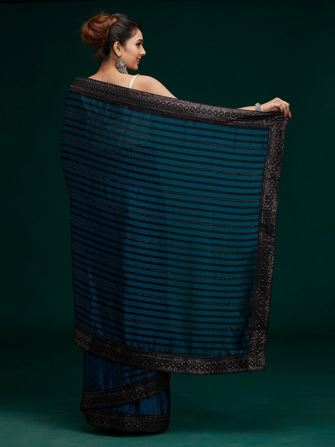 Koskii Women Blue & Silver-Toned Striped Sequined Saree - Distacart