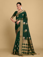 Thumbnail for Sangria Green Ethnic Motifs Zari Linen Blend Saree - Distacart