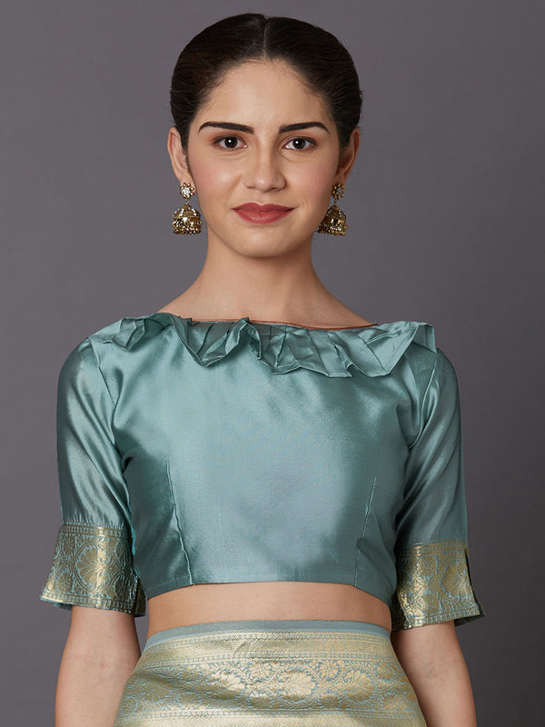 Mitera Grey & Turquoise Blue Silk Blend Woven Design Kanjeevaram Saree - Distacart