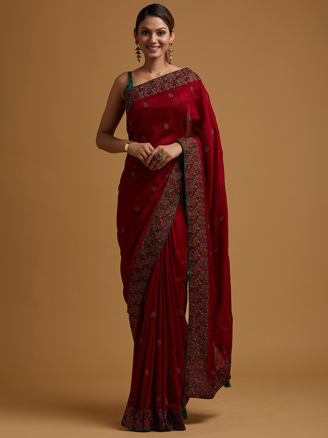 Koskii Maroon & Green Floral Embroidered Art Silk Saree - Distacart